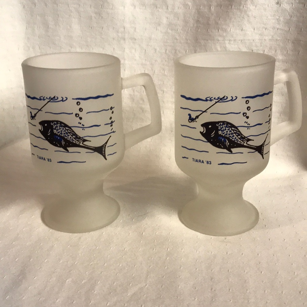 Vintage 1983 Tiara Frosted Glass Pedestal Mugs with Fishing Scene - Set of 2
